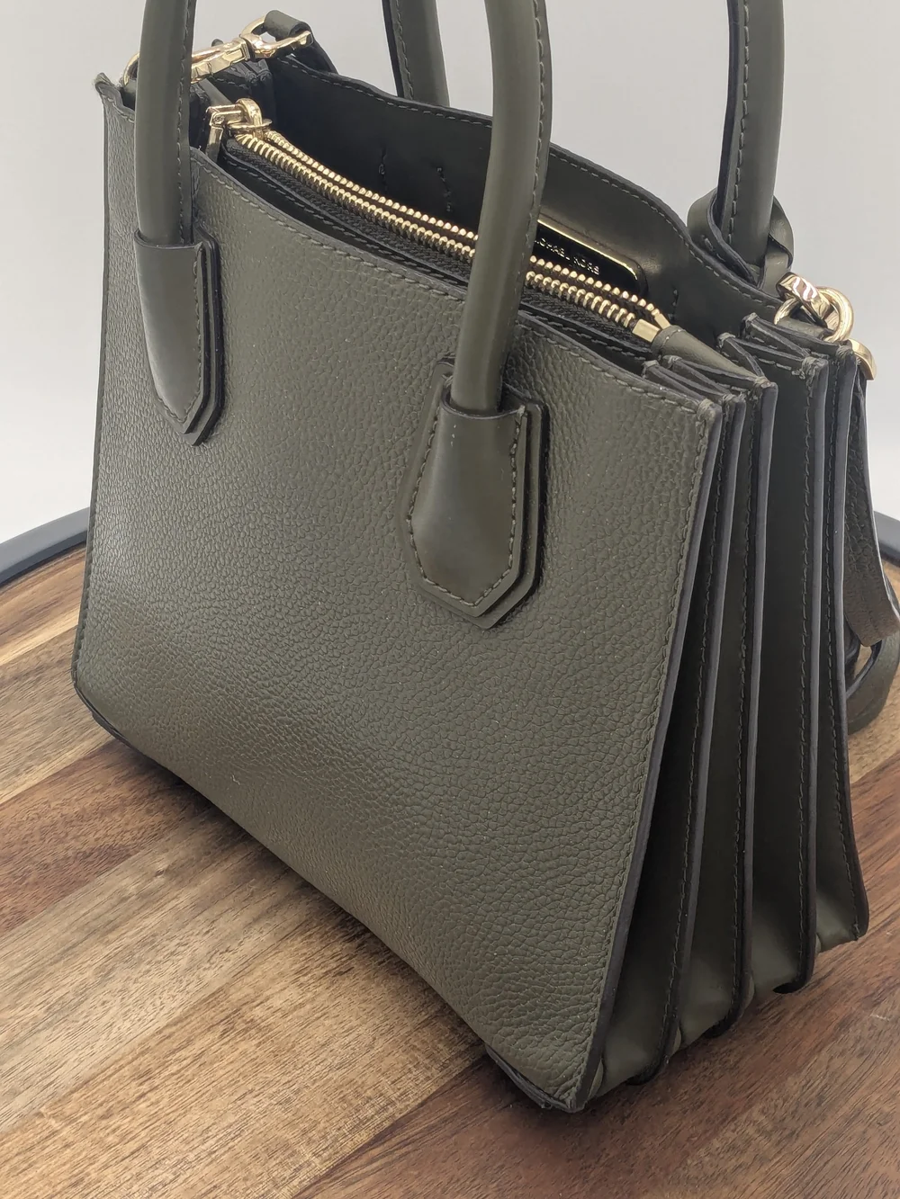Michael Kors Mercer Medium Olive Green Leather Accordion Satchel Crossbody
